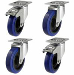 Blue Elastic Rubber Castor Sets With 4 Bolt Plate Fixing