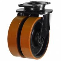 200mm Extra Heavy Duty Double Wheel Swivel Castor with Biscuit Colour Polyurethane / Cast Iron Wheels