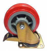 200mm Extra Heavy PRESSED STEEL Swivel/Braked Castor With Red Colour Polyurethane / Nylon Wheel  