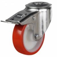 200mm Swivel & Braked Castors with PolyurethaneTyred Wheel Nylon Centre & Roller Bearing, Single Bolt Fixing