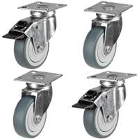 Castors in set of 4 : 2 Swivel & 2 Braked Castors!!!! 75mm!!!! Grey Thermoplastic Rubber Wheel & Square Plate Fixing