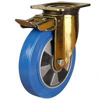 200mm Extra Heavy PRESSED STEEL Swivel & Braked Castor Elastic Polyurethane Tyre/ Aluminium Centre Ball Bearing