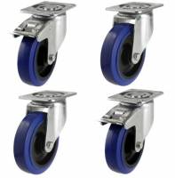 Castors in set of 4 : 2 Swivel & 2 Braked !!!!80mm!!!! Blue Rubber Wheel & 4 Bolt Plate Fixing