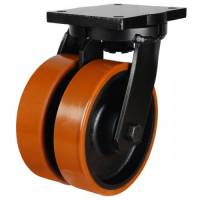 200mm Ultra Heavy Duty Double Wheel Swivel Castor with Biscuit Colour Polyurethane / Cast Iron Wheels
