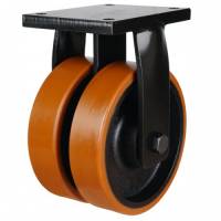 200mm Ultra Heavy Duty Double Wheel Fixed Castor with  Biscuit Colour Polyurethane / Cast Iron Wheels