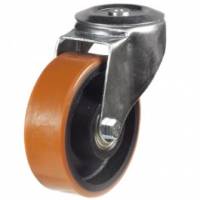 100mm Heavy Duty Bolt Hole Swivel Castors Biscuit Poly Tyre /  Cast Iron Centre & Ball Bearing