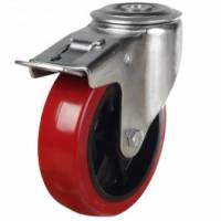 125mm Medium Duty Total Stop Braked Castor Red Poly Tyred Wheel and single bolt hole fixing