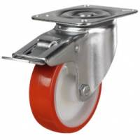 200mm Swivel Castors with Red Polyurethane Tyred Wheel & Roller Bearing & Total Stop Brake