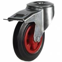 160mm Swivel Castors with Total Stop Brake & Black Rubber Tyre Plastic Centre Single Bolt Fixing