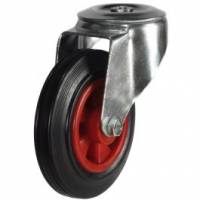 160mm Swivel Castors with Black Rubber Tyred Wheel Plastic Centre, Single Bolt Fixing