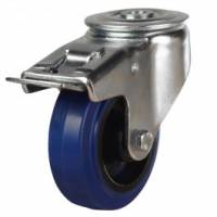 125mm Heavy Duty Bolt Hole Braked Swivel Castors Blue Elastic Non Marking Rubber Wheel 