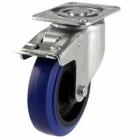 100mm Medium Duty Brake Swivel Casters Blue Elastic Non Marking  Rubber Wheel 
