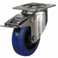 100mm Stainless Steel Braked Castor with Blue Rubber Wheel