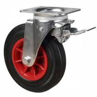 160mm Swivel Waste Container Castors with Total Stop Brake & Black Rubber Tyre Plastic Centre