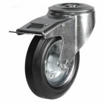 200mm Swivel Castors with Total Stop Brake & Black Rubber Tyre, Steel Centre, Single Bolt Fixing