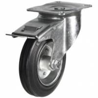 200mm Swivel Castors with Total Stop Brake & Black Rubber Tyre, Steel Centre