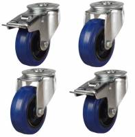 Castors in set of 4 : 2 Swivel & 2 Braked Castors !!!!100mm!!!! Blue Elastic Rubber Wheel & Single Bolt Fitting