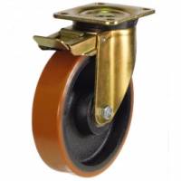 125mm Extra Heavy  Swivel Castor  PRESSED STEEL with Total Stop Brake Biscuit Colour Polyurethane / Cast Iron Wheel  