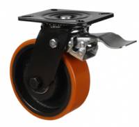 100mm Extra Heavy Duty Swivel Castor with Wheel Brake Biscuit Colour Polyurethane / Cast Iron Wheel 