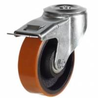 125mm Heavy Duty Bolt Hole Braked Swivel Castors Biscuit Poly Tyre / Cast Iron Centre & Ball Bearing 